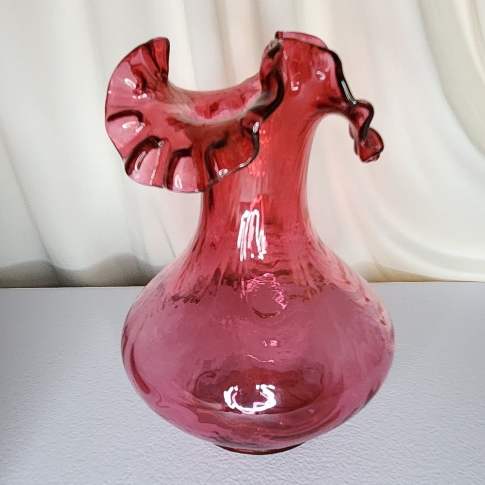 Fenton Cranberry Drape Ruffled Edge Vase - Picture 2 of 4
